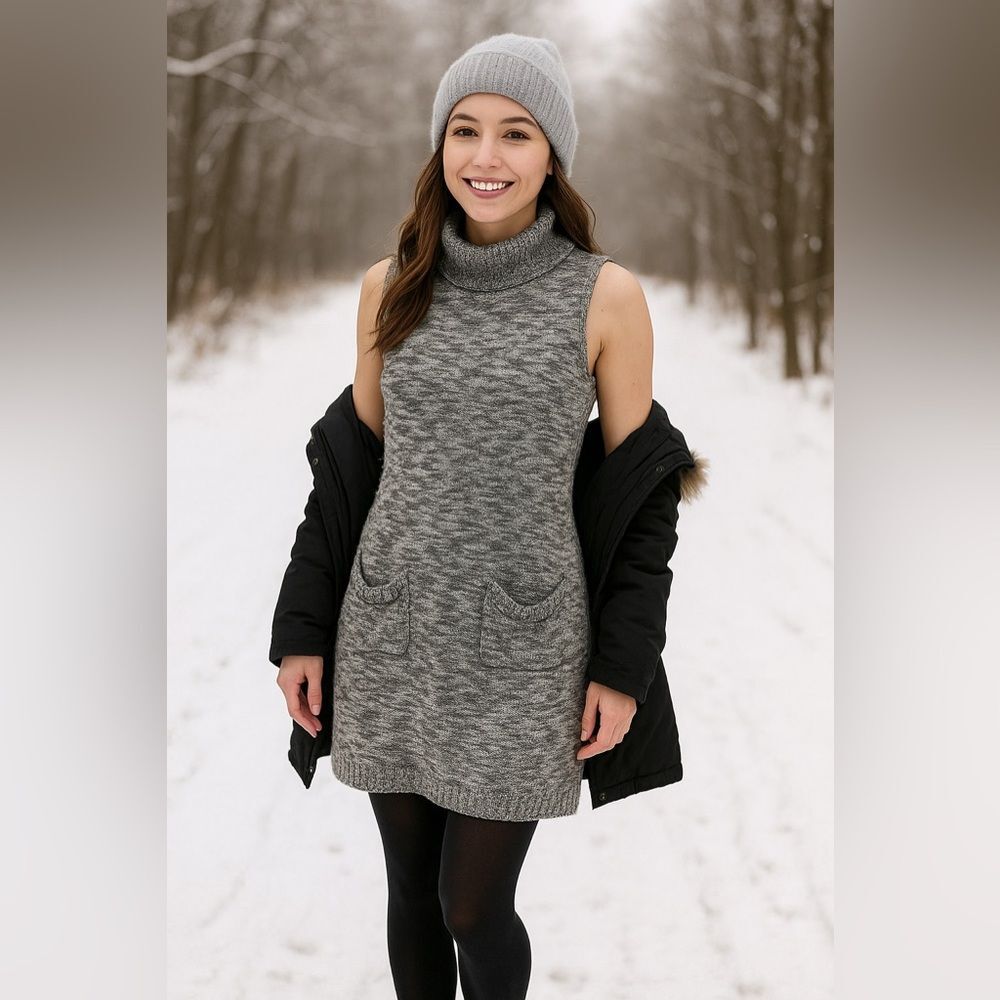 Calvin Klein Charcoal Sleeveless Turtleneck Sweater Dress P/S